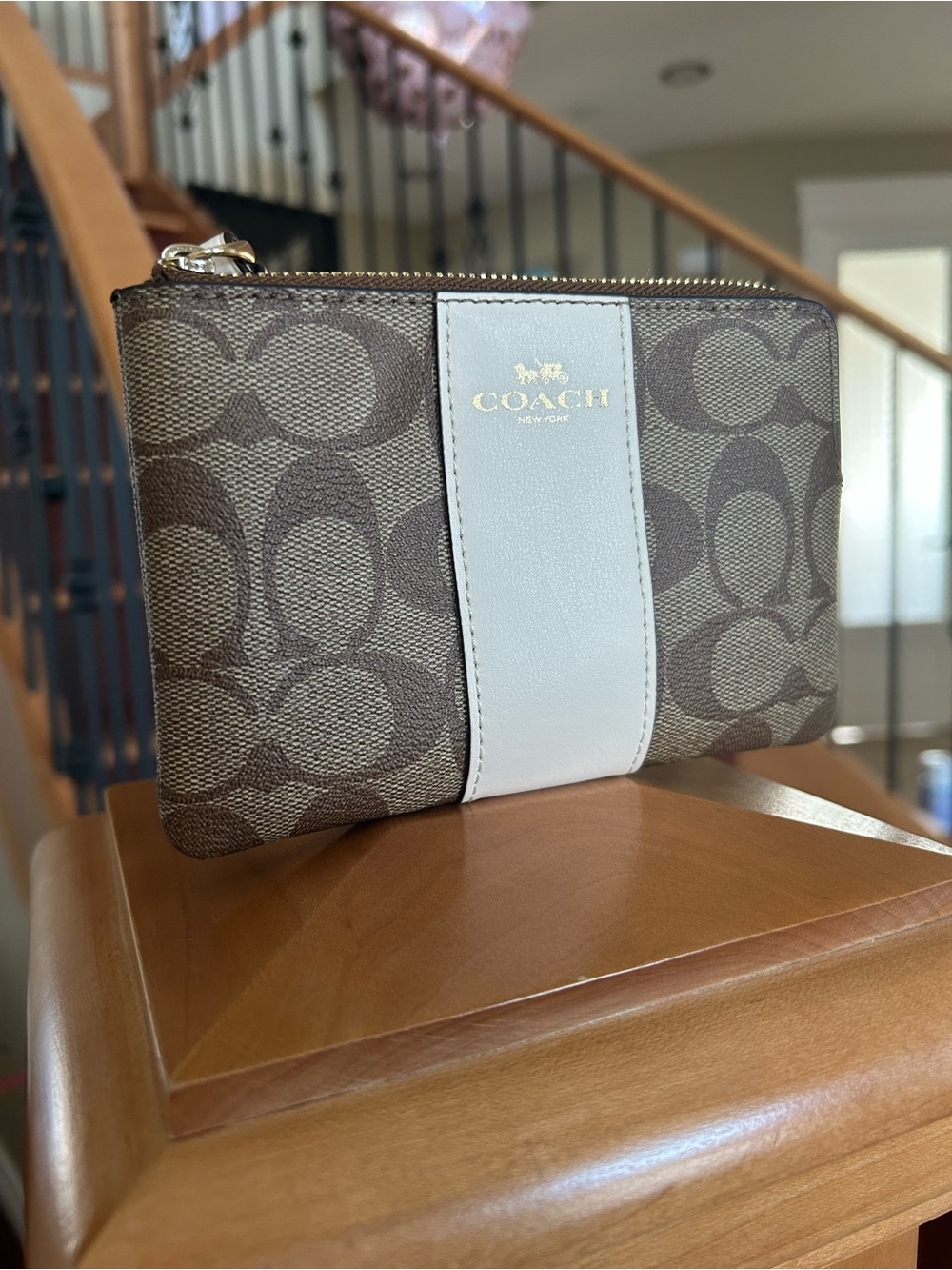 Coach Corner Zip Wristlet in Brown Signature Canvas